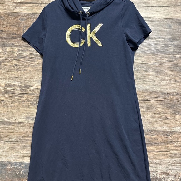 Calvin Klein Dresses & Skirts - Calvin Klein Navy Blue Gold Knee-Length Casual Shirt Dress Hood Short Sleeves